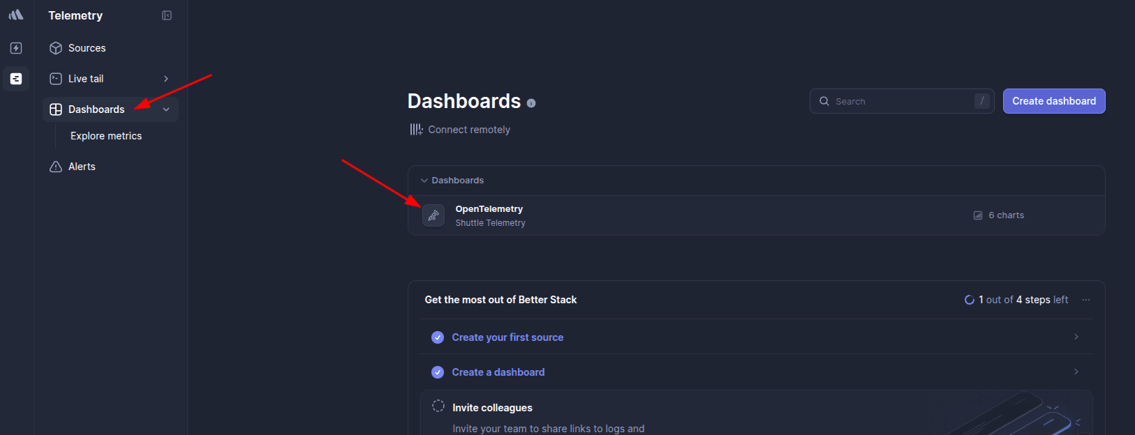Click to expand image BetterStack navigate to dashboards